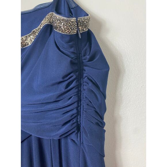 NWT ADRIANNA PAPELL JUMPSUIT JERSEY BEADED BLUE SILVER OFF SHOULDER WIDE LEG - Picture 9 of 10